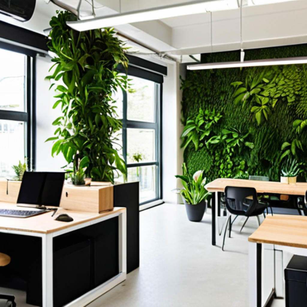**

*   **Prompt:** A bright, modern office space featuring a green wall with thriving plants, large windows providing ample natural light, and employees working comfortably in an open-plan setting with natural wood desks and accents. The atmosphere is calm, productive, and inviting. Focus on capturing the sense of well-being and connection to nature.

**