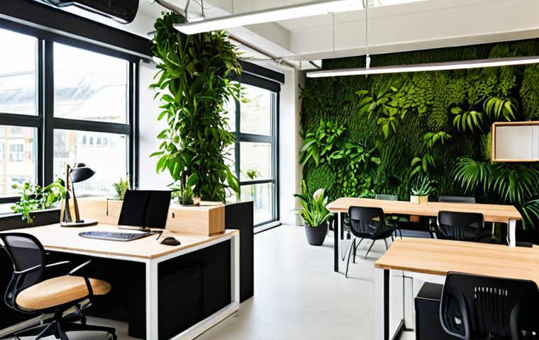 **
* **Prompt:** A bright, modern office space featuring a green wall with thriving plants, large windows providing ample natural light, and employees working comfortably in an open-plan setting with natural wood desks and accents. The atmosphere is calm, productive, and inviting. Focus on capturing the sense of well-being and connection to nature.
**