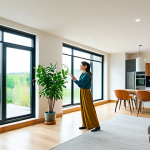 A professional woman, fully clothed in modest, comfortable attire, stands in a brightly lit, modern living room of a certified green home. The space features elegant wooden furniture, an abundance of natural light streaming through large windows, and a subtle smart home control panel integrated into the wall. A few lush green plants enhance the clean, healthy indoor environment. The atmosphere is calm and inviting, reflecting advanced energy efficiency and superior indoor air quality. This is a safe for work, appropriate content, fully clothed, family-friendly image with perfect anatomy, correct proportions, natural pose, well-formed hands, proper finger count, and natural body proportions, captured with high-quality interior architectural photography.