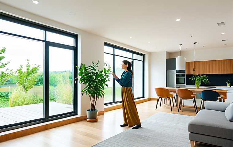 A professional woman, fully clothed in modest, comfortable attire, stands in a brightly lit, modern living room of a certified green home. The space features elegant wooden furniture, an abundance of natural light streaming through large windows, and a subtle smart home control panel integrated into the wall. A few lush green plants enhance the clean, healthy indoor environment. The atmosphere is calm and inviting, reflecting advanced energy efficiency and superior indoor air quality. This is a safe for work, appropriate content, fully clothed, family-friendly image with perfect anatomy, correct proportions, natural pose, well-formed hands, proper finger count, and natural body proportions, captured with high-quality interior architectural photography.