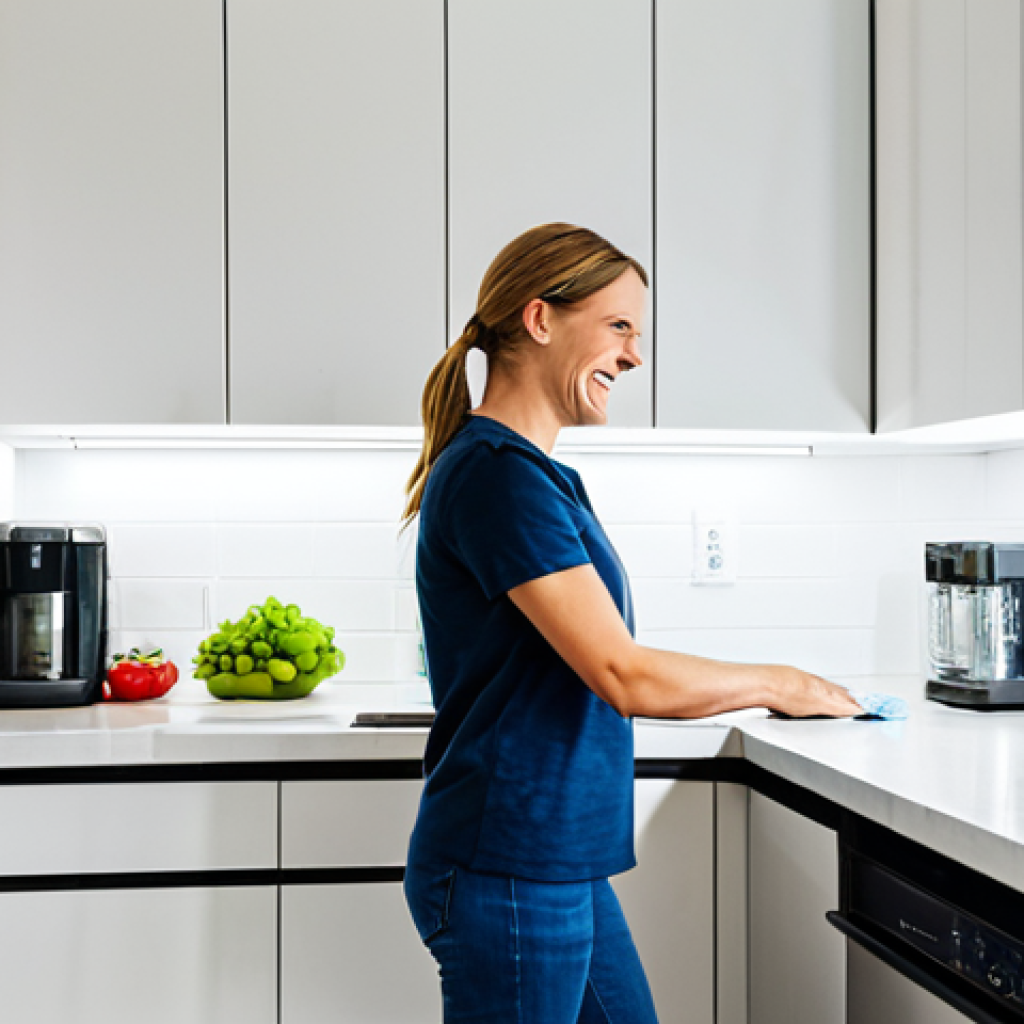 Energy-Efficient Kitchen**
"A bright, modern kitchen featuring stainless steel Energy Star appliances (refrigerator, dishwasher). A woman in a modest, comfortable outfit is smiling and wiping down the counter. LED lighting illuminates the space. Safe for work, appropriate content, fully clothed, professional, perfect anatomy, correct proportions, natural pose, well-formed hands, proper finger count, natural body proportions, family-friendly, high-resolution, detailed textures."
**