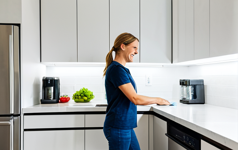 Energy-Efficient Kitchen**
"A bright, modern kitchen featuring stainless steel Energy Star appliances (refrigerator, dishwasher). A woman in a modest, comfortable outfit is smiling and wiping down the counter. LED lighting illuminates the space. Safe for work, appropriate content, fully clothed, professional, perfect anatomy, correct proportions, natural pose, well-formed hands, proper finger count, natural body proportions, family-friendly, high-resolution, detailed textures."
**