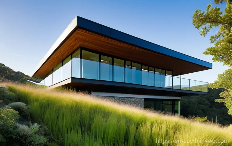 생태 건축의 개념 및 적용 사례 - **Prompt 1: Serene Ecological Hillside Home with Green Roof**
A wide-angle, serene, and modern e...