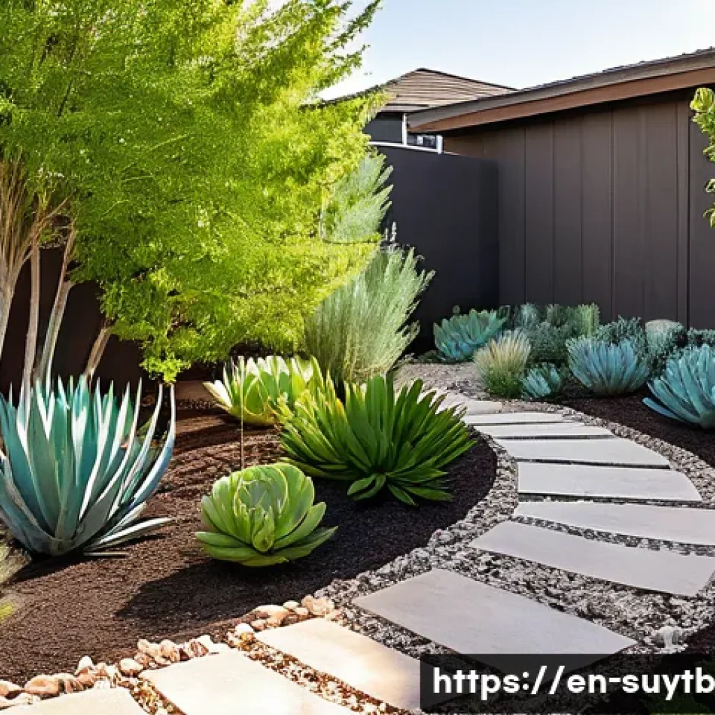지속 가능한 조경 디자인 방법 - **Vibrant Xeriscaped Garden with Smart Irrigation:**
An inviting, low-maintenance suburban backy...
