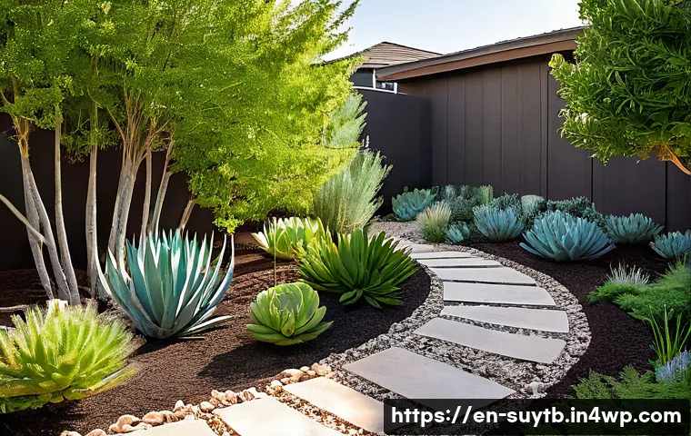 지속 가능한 조경 디자인 방법 - **Vibrant Xeriscaped Garden with Smart Irrigation:**
An inviting, low-maintenance suburban backy...