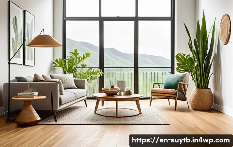 기후 변화에 대응하는 지속 가능한 홈 리노베이션 - A modern living room interior featuring eco-friendly bamboo plank flooring with a sleek, natural fin...