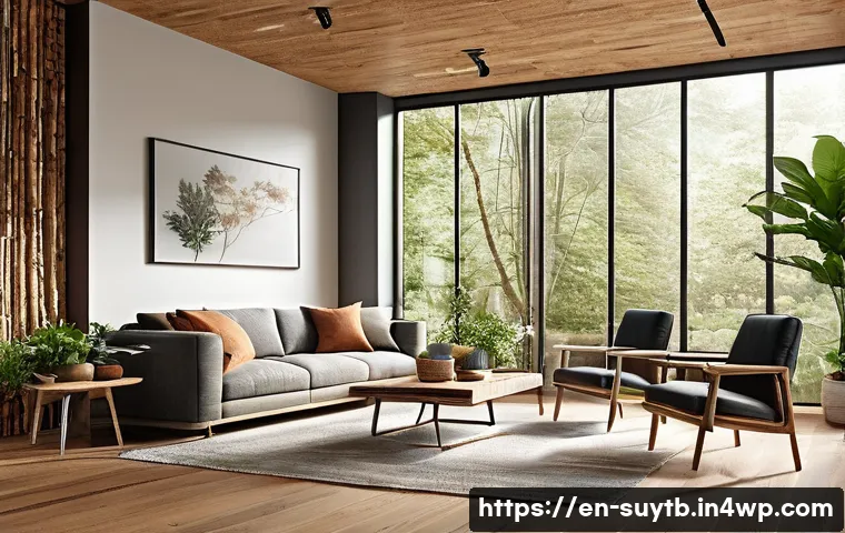 지속 가능한 홈 리노베이션을 위한 기초 지식 - A cozy, modern living room interior showcasing sustainable natural materials: polished reclaimed woo...