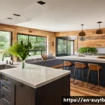 Home 22 주거 공간의 지속 가능한 리노베이션 트렌드 - A modern living room interior showcasing sustainable renovation elements: large reclaimed wood beams...