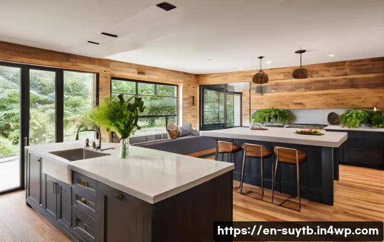 주거 공간의 지속 가능한 리노베이션 트렌드 - A modern living room interior showcasing sustainable renovation elements: large reclaimed wood beams...