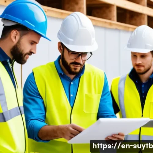 Home 33 지속 가능한 홈 리노베이션의 법적 요건 - A professional construction site scene showing a diverse team of contractors and inspectors reviewin...