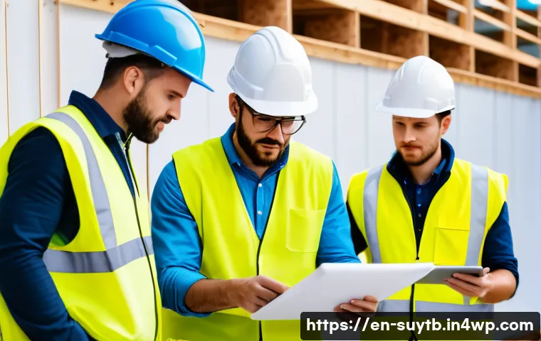 지속 가능한 홈 리노베이션의 법적 요건 - A professional construction site scene showing a diverse team of contractors and inspectors reviewin...