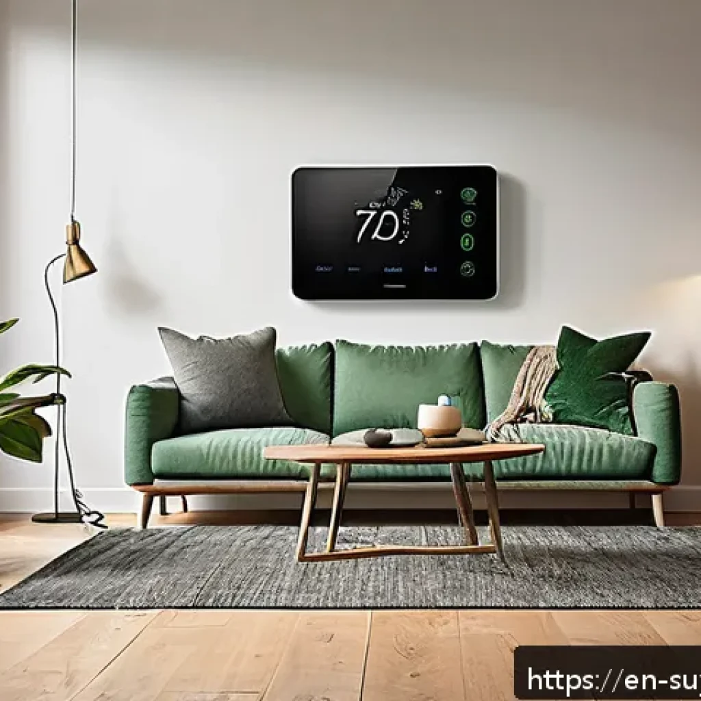 홈 리노베이션에서의 지속 가능성 관련 통계 - A modern, eco-friendly home interior showcasing a smart thermostat mounted on a stylish wall, with v...