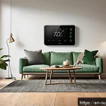 Home 20 홈 리노베이션에서의 지속 가능성 관련 통계 - A modern, eco-friendly home interior showcasing a smart thermostat mounted on a stylish wall, with v...