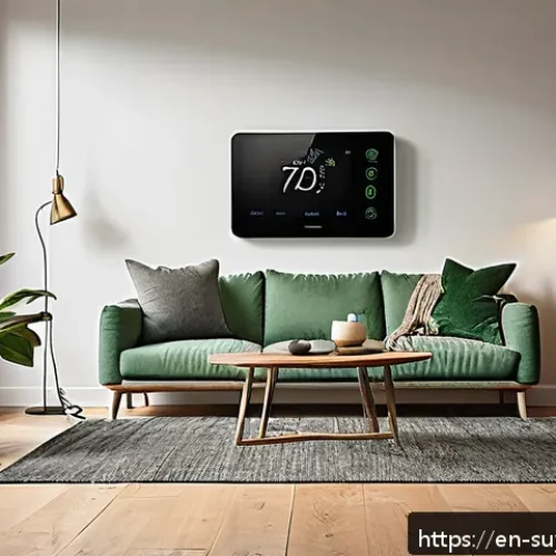 Home 32 홈 리노베이션에서의 지속 가능성 관련 통계 - A modern, eco-friendly home interior showcasing a smart thermostat mounted on a stylish wall, with v...
