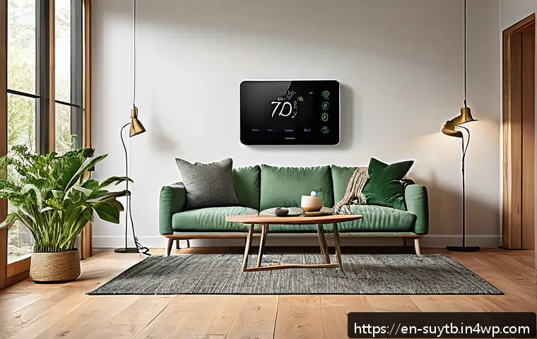 홈 리노베이션에서의 지속 가능성 관련 통계 - A modern, eco-friendly home interior showcasing a smart thermostat mounted on a stylish wall, with v...