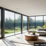 Home 19 지속 가능한 주택 디자인 아이디어 - A modern eco-friendly living room bathed in abundant natural daylight streaming through large south-...