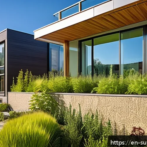 Home 30 친환경 건축의 트렌드와 지속 가능성 - A modern eco-friendly residential building featuring walls made of hempcrete with visible natural te...