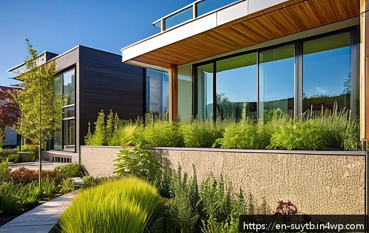 친환경 건축의 트렌드와 지속 가능성 - A modern eco-friendly residential building featuring walls made of hempcrete with visible natural te...