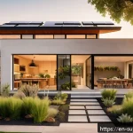 Home 23 주거공간에서의 지속 가능한 기술 적용 방법 - A modern, eco-friendly home exterior at sunset featuring solar panels on the roof with sleek battery...