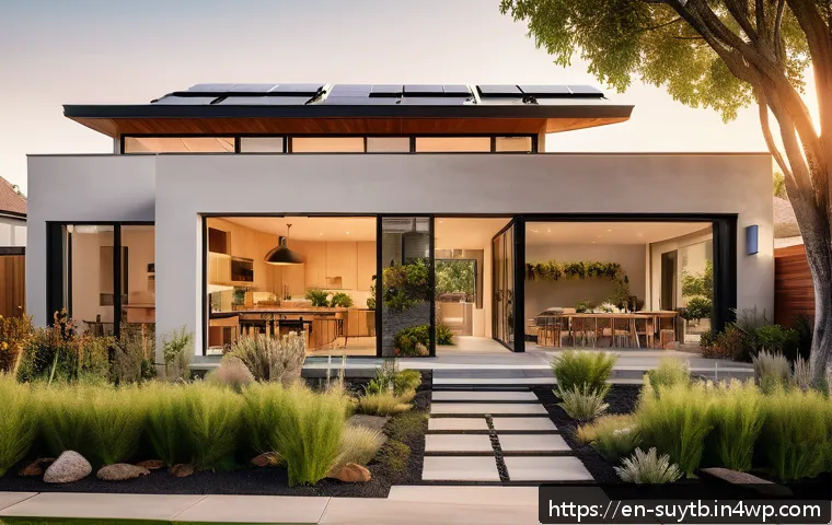 주거공간에서의 지속 가능한 기술 적용 방법 - A modern, eco-friendly home exterior at sunset featuring solar panels on the roof with sleek battery...