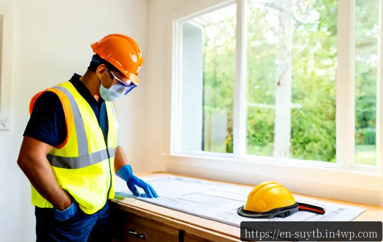 주택 리노베이션의 안전 및 법규 - Photorealistic suburban home renovation safety inspection, licensed contractor in hard hat and safet...